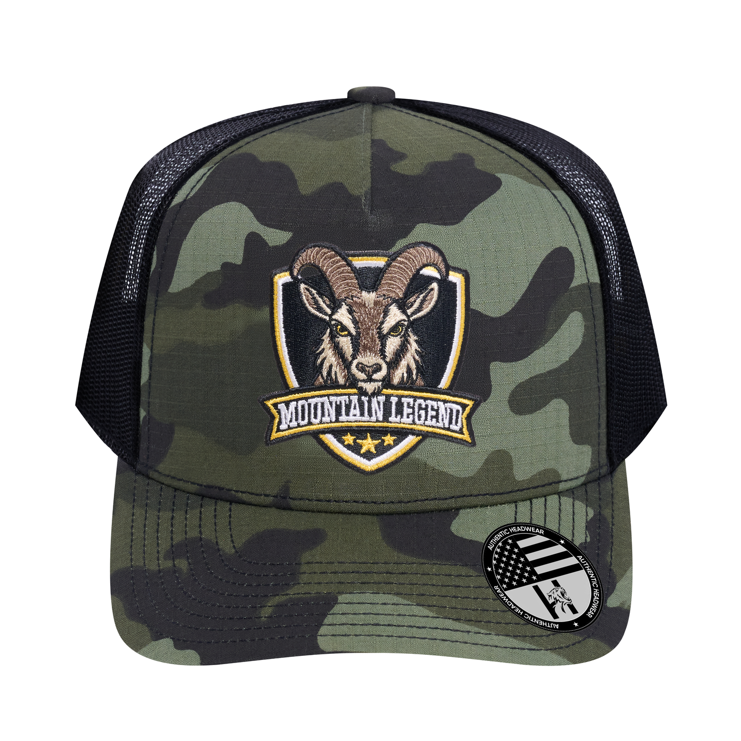 The Mountain Legend Goat 5-Panel Trucker Hat - Green Camo front and Black mesh back - front view