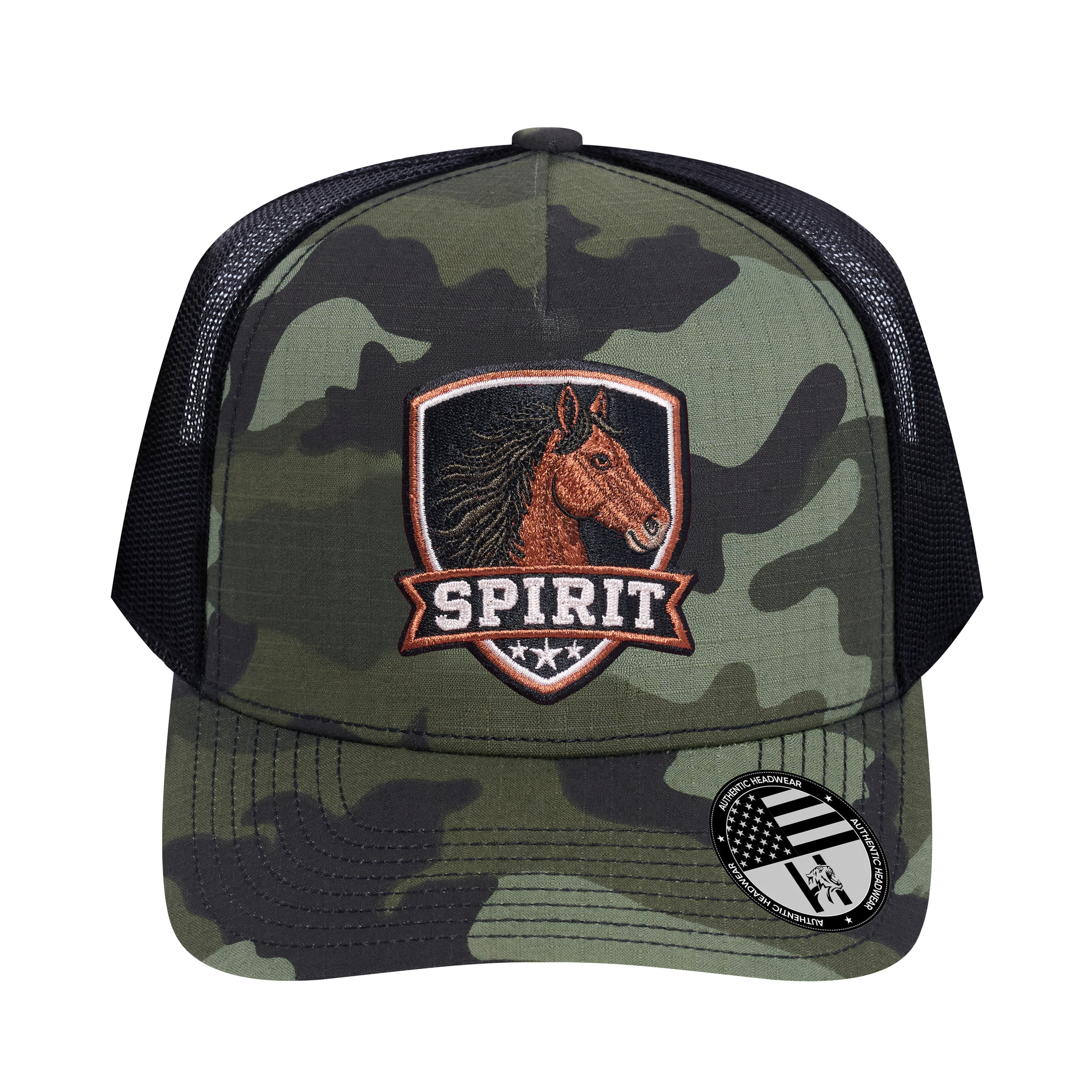 The Spirit 5-Panel Trucker Hat - Green Camo front and Black mesh back - front view