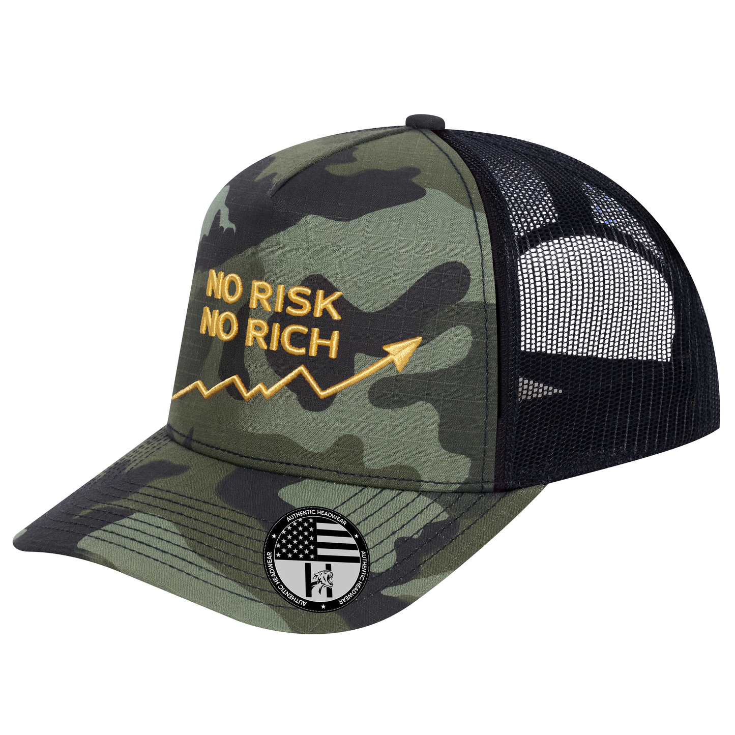 No Risk No Rich 5-Panel Trucker Hat - Green Camo front and Black mesh back - angled view