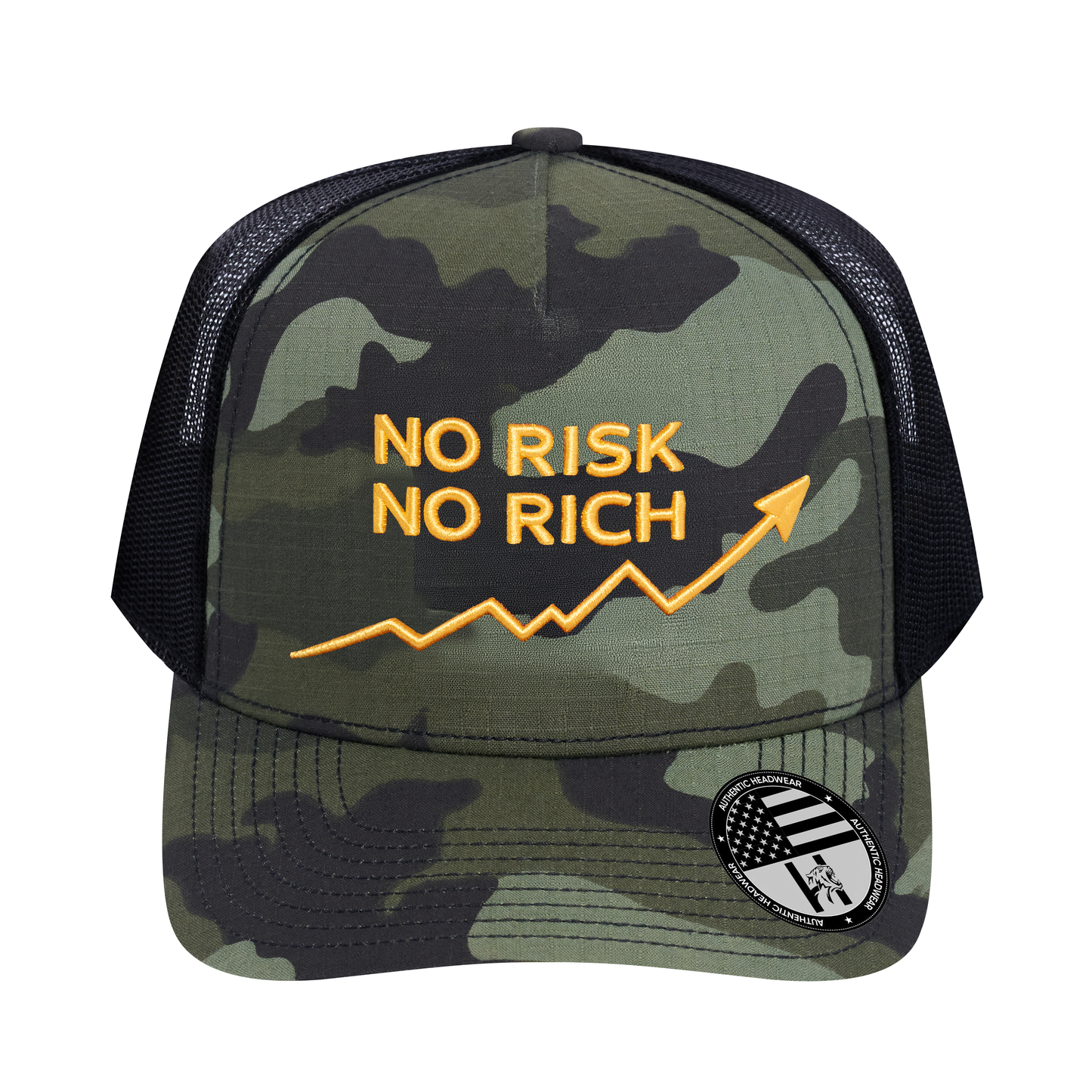 No Risk No Rich 5-Panel Trucker Hat - Green Camo front and Black mesh back - front view