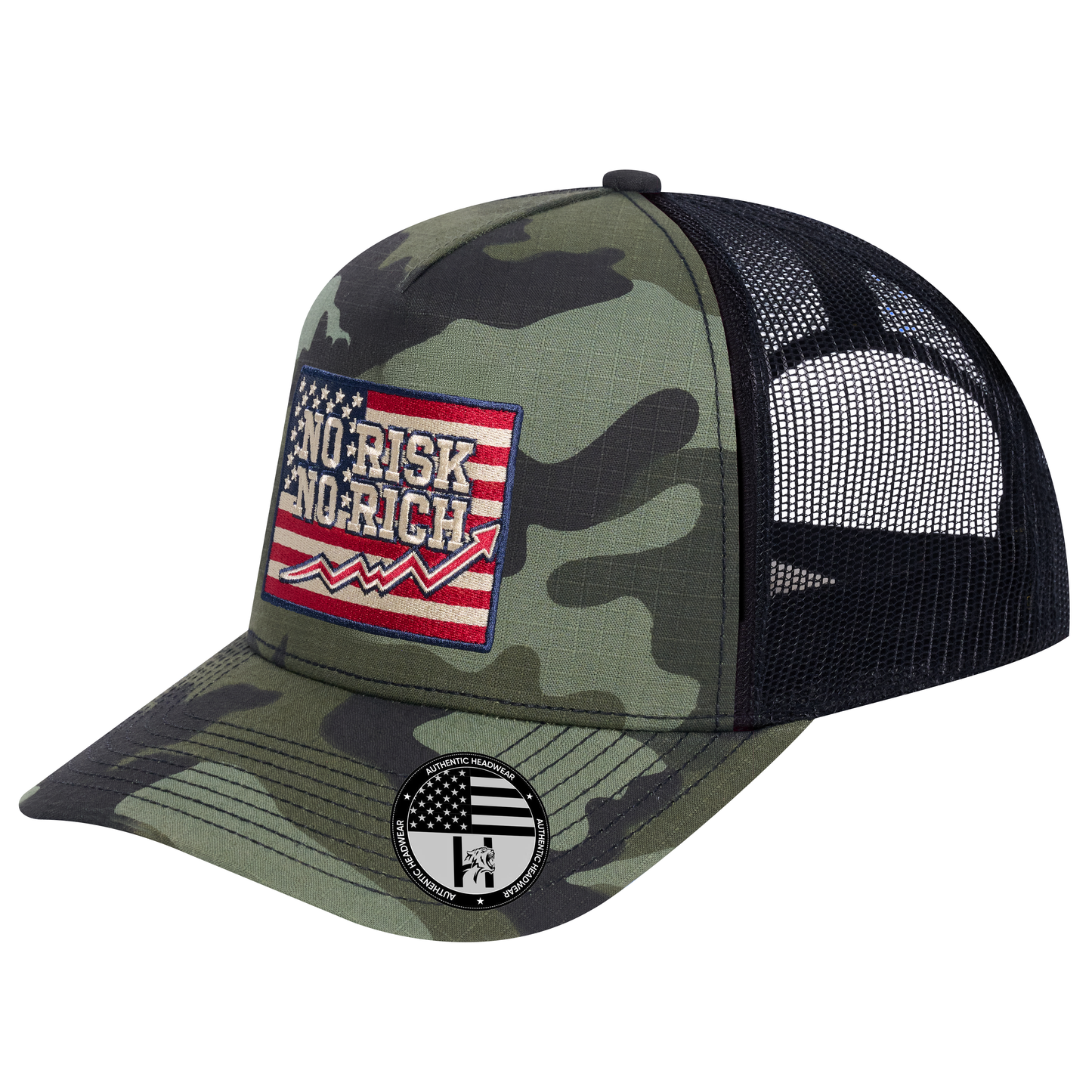 No Risk No Rich US Flag 5-Panel Trucker Hat - Green Camo front and Black mesh back - angled view