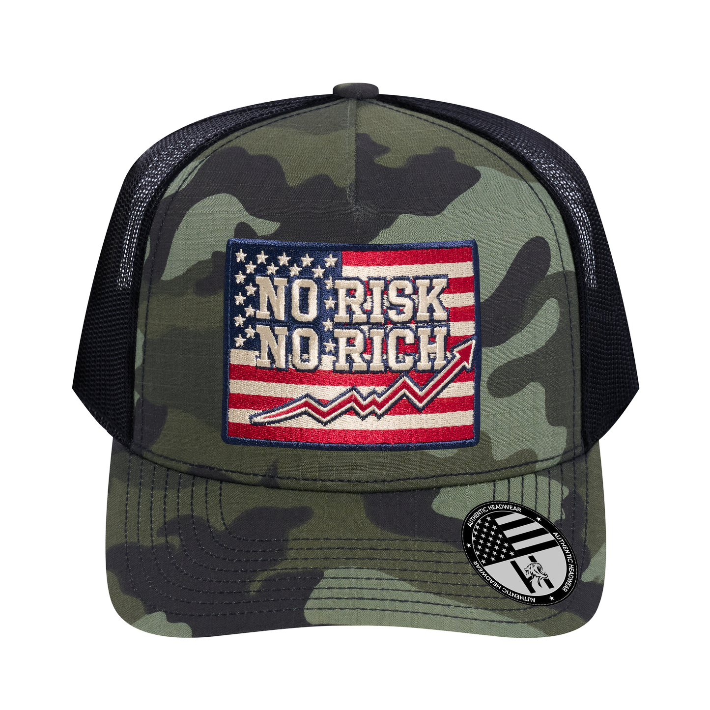 No Risk No Rich US Flag 5-Panel Trucker Hat - Green Camo front and Black mesh back - front view