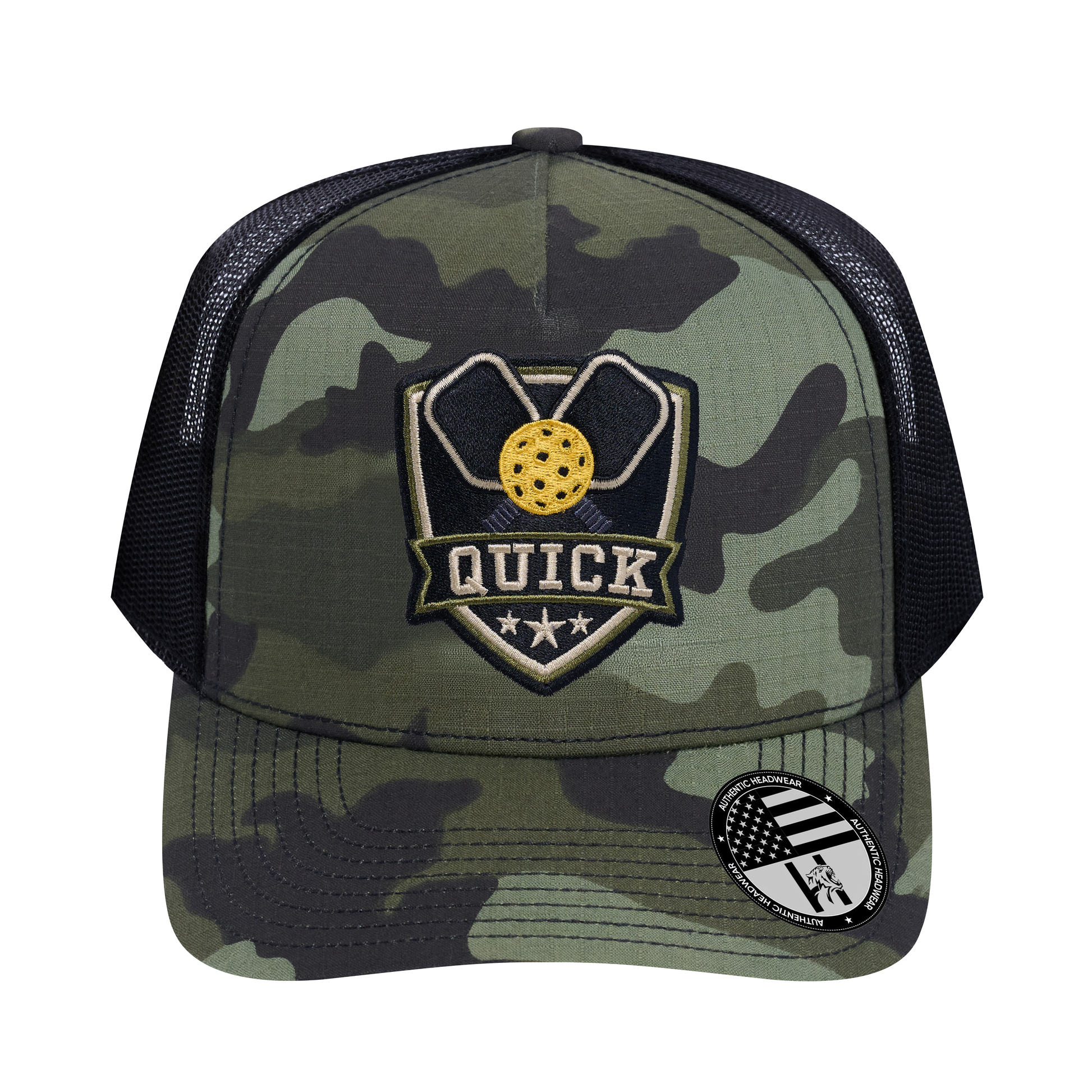 The Quick Pickleball 5-Panel Trucker Hat - Green Camo front and Black mesh back - front view