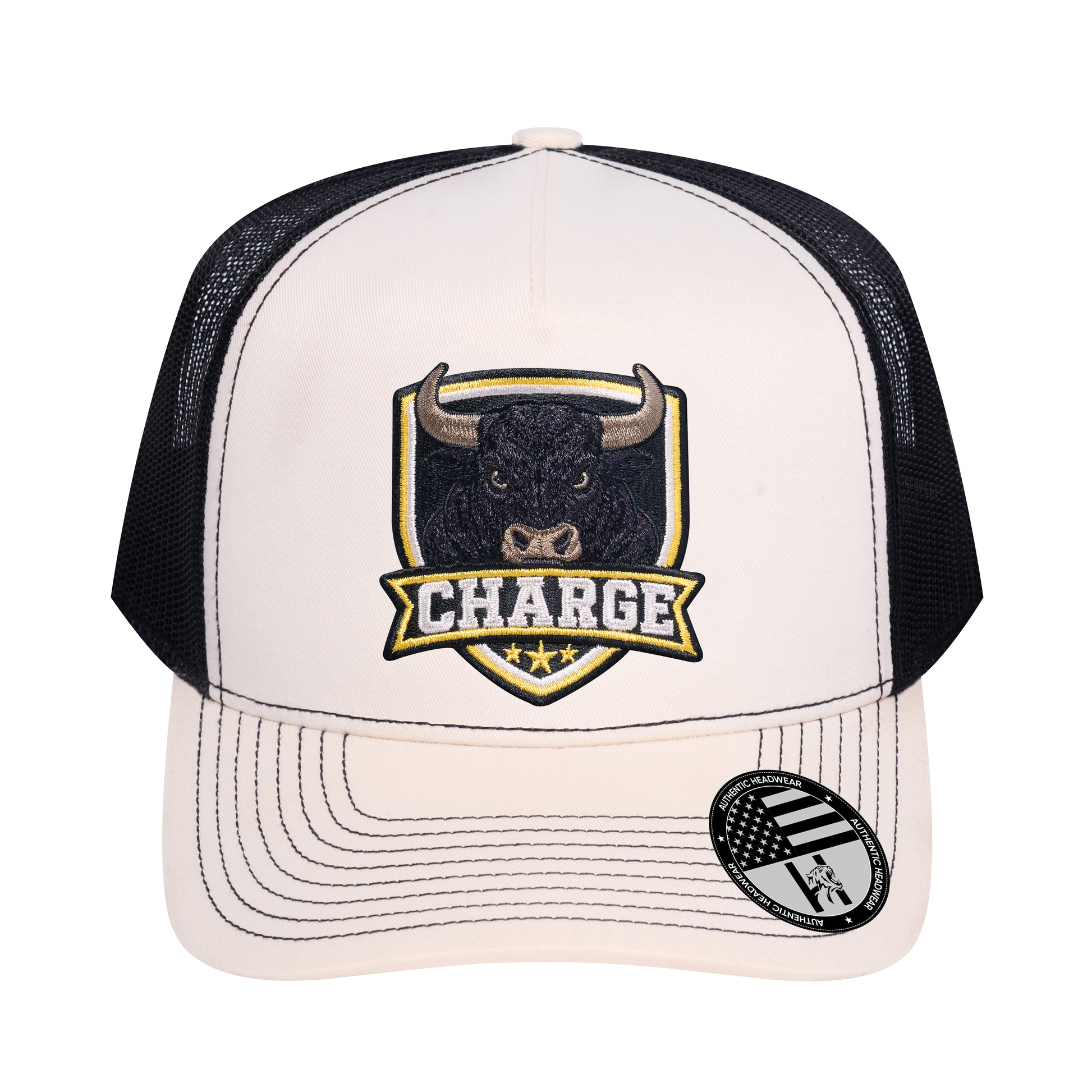 The Charge 5-Panel Trucker Hat - Ivory White front and Black mesh back - front view