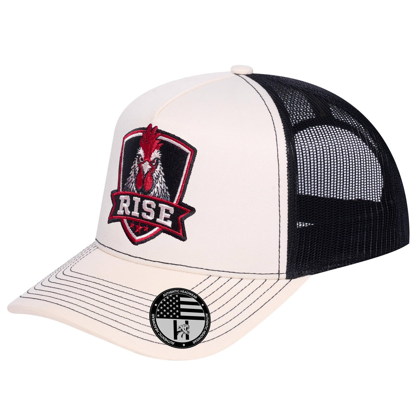The Rise Rooster 5-Panel Trucker Hat - Ivory White front and Black mesh back - angled view