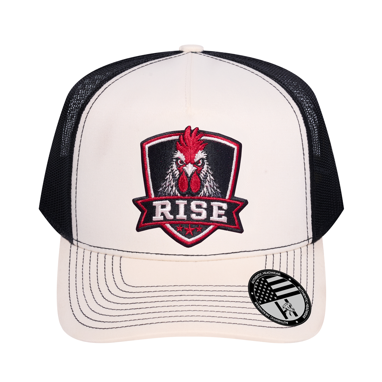 The Rise Rooster 5-Panel Trucker Hat - Ivory White front and Black mesh back - front view