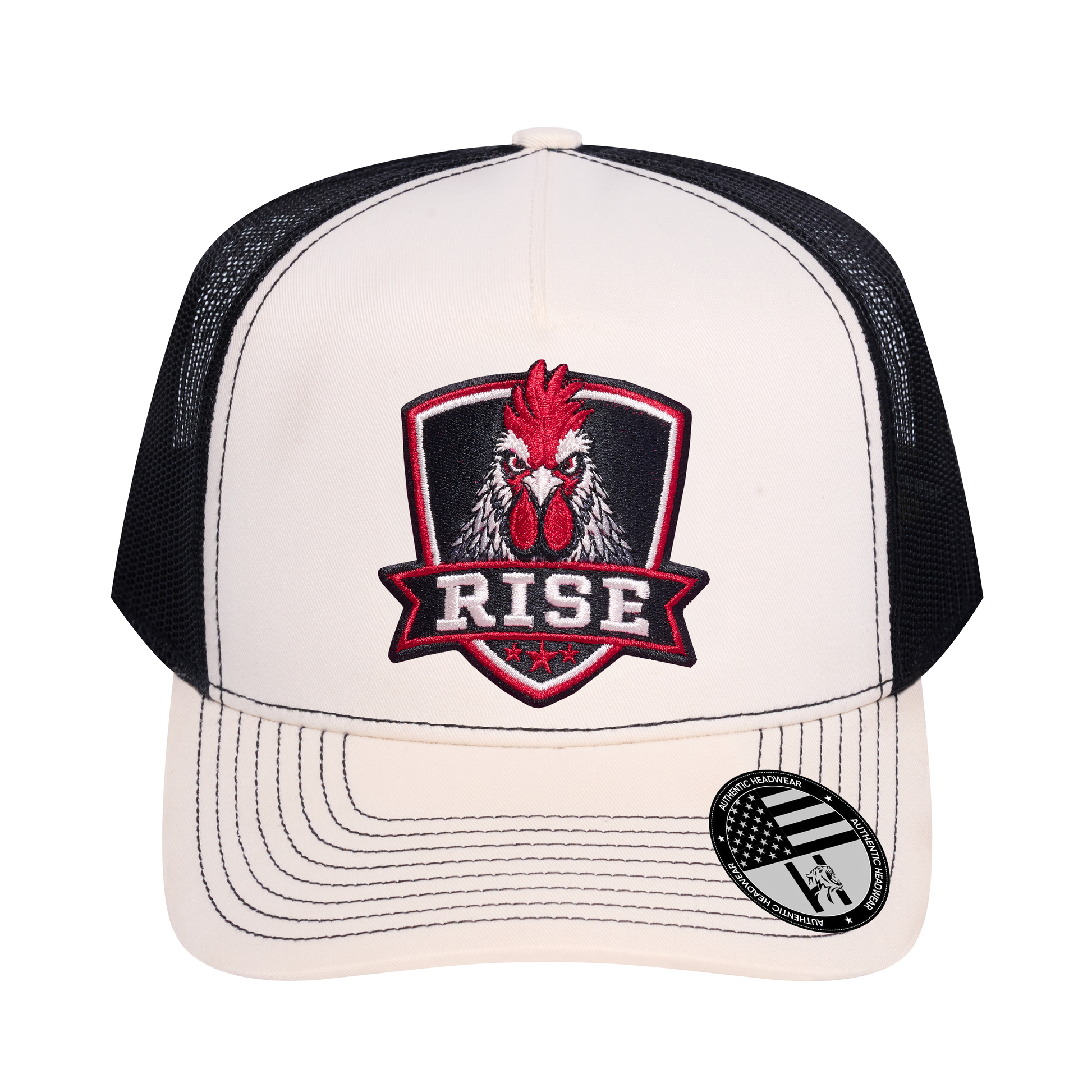 The Rise Rooster 5-Panel Trucker Hat - Ivory White front and Black mesh back - front view