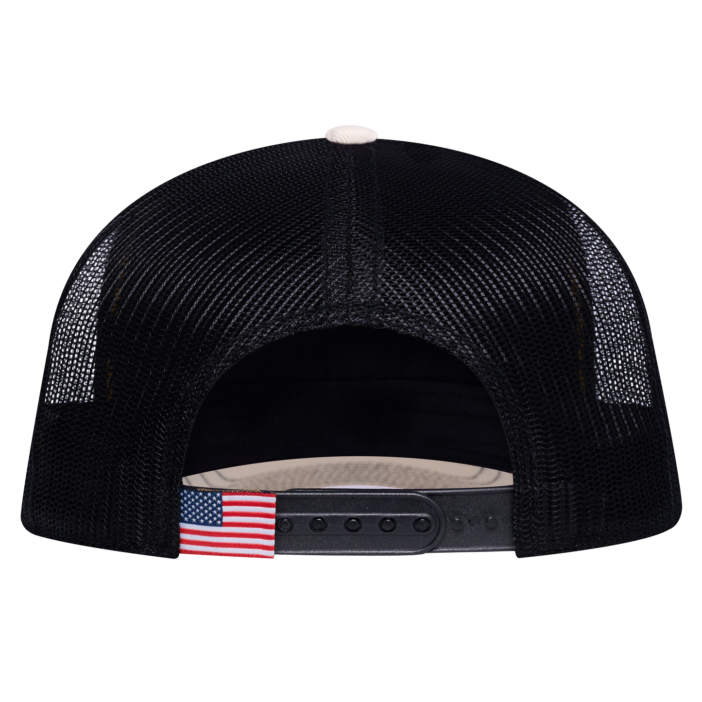 The Rise Rooster 5-Panel Trucker Hat - Ivory White front and Black mesh back - back view