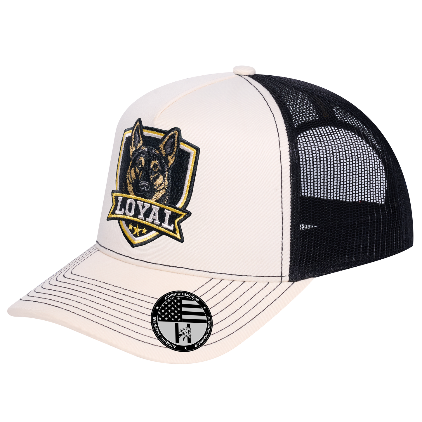 The Loyal 5-Panel Trucker Hat - Ivory White front and Black mesh back - angled view