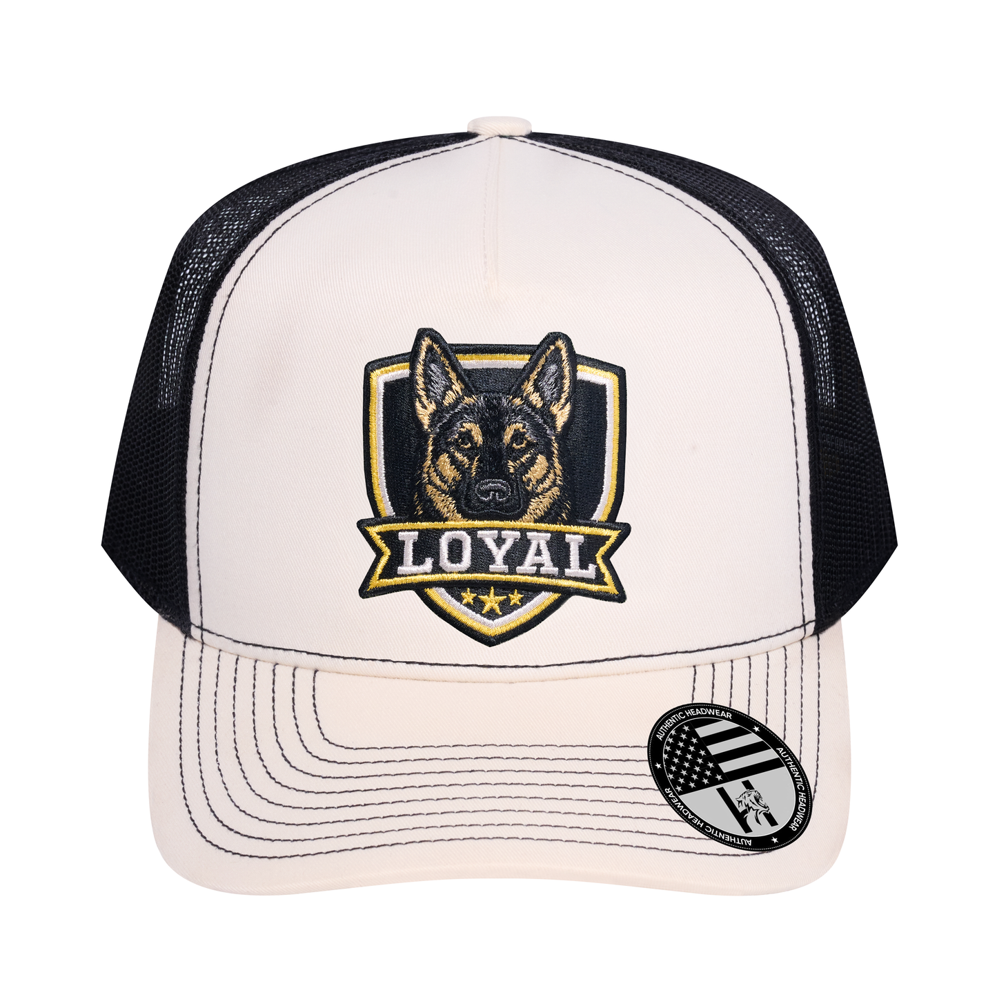 The Loyal 5-Panel Trucker Hat - Ivory White front and Black mesh back - front view