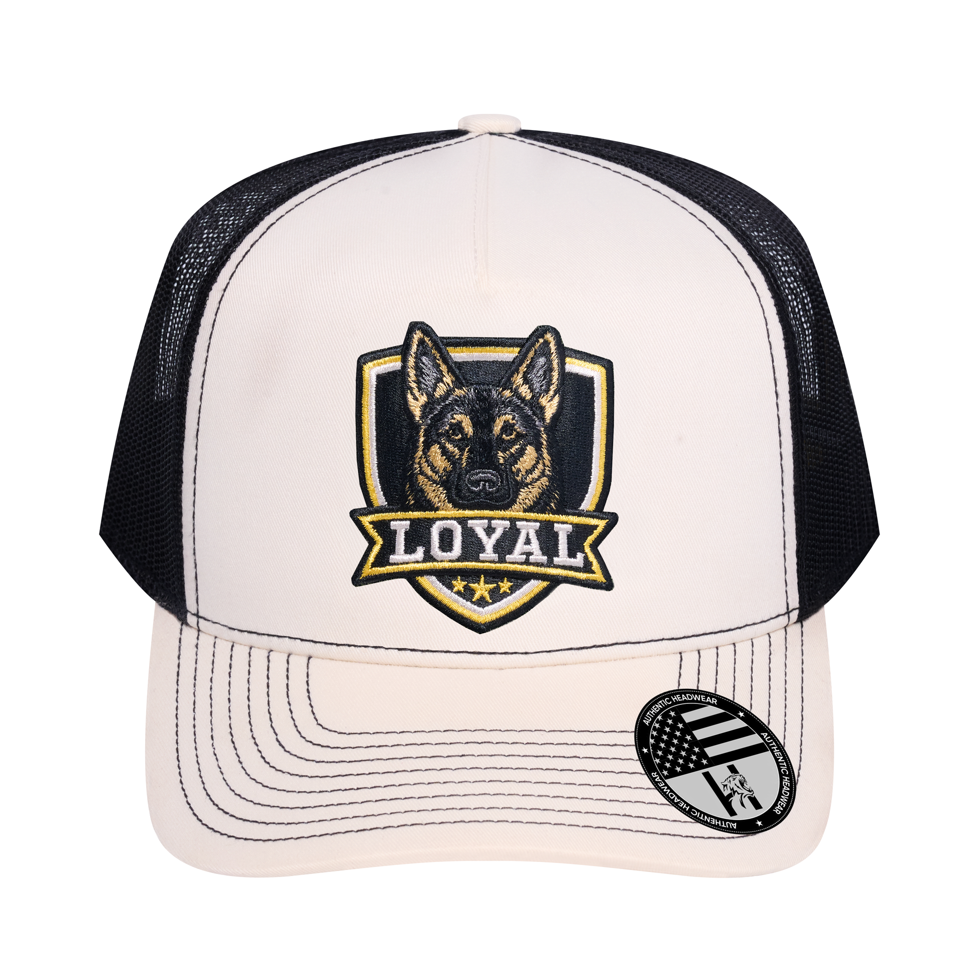 The Loyal 5-Panel Trucker Hat - Ivory White front and Black mesh back - front view