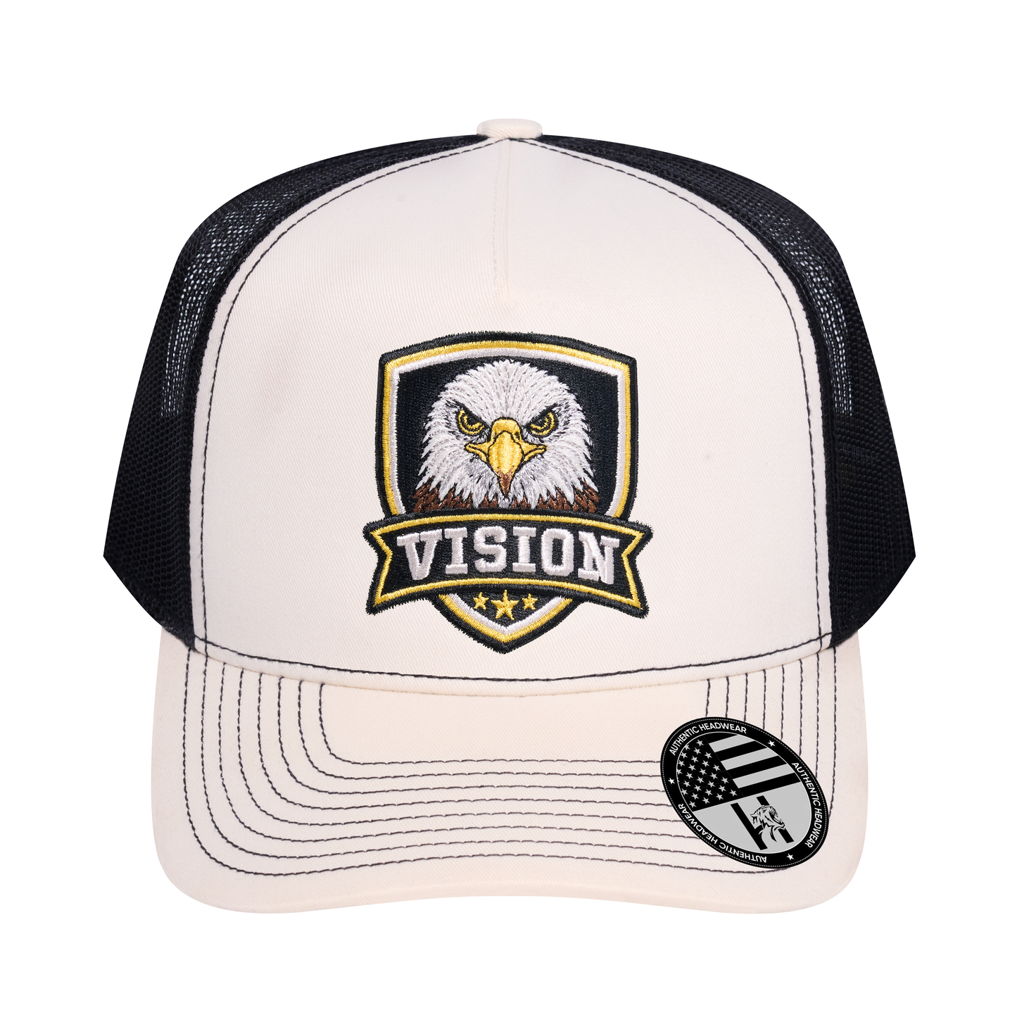 The Vision 5-Panel Trucker Hat - Ivory White front and Black mesh back - front view