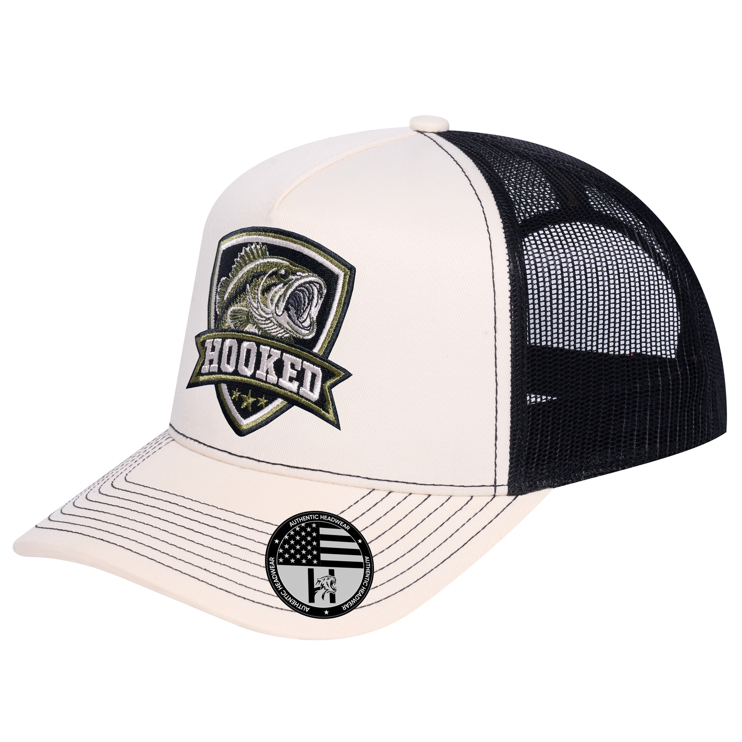 The Hooked Fishing 5-Panel Trucker Hat - Ivory White front and Black mesh back - angled view