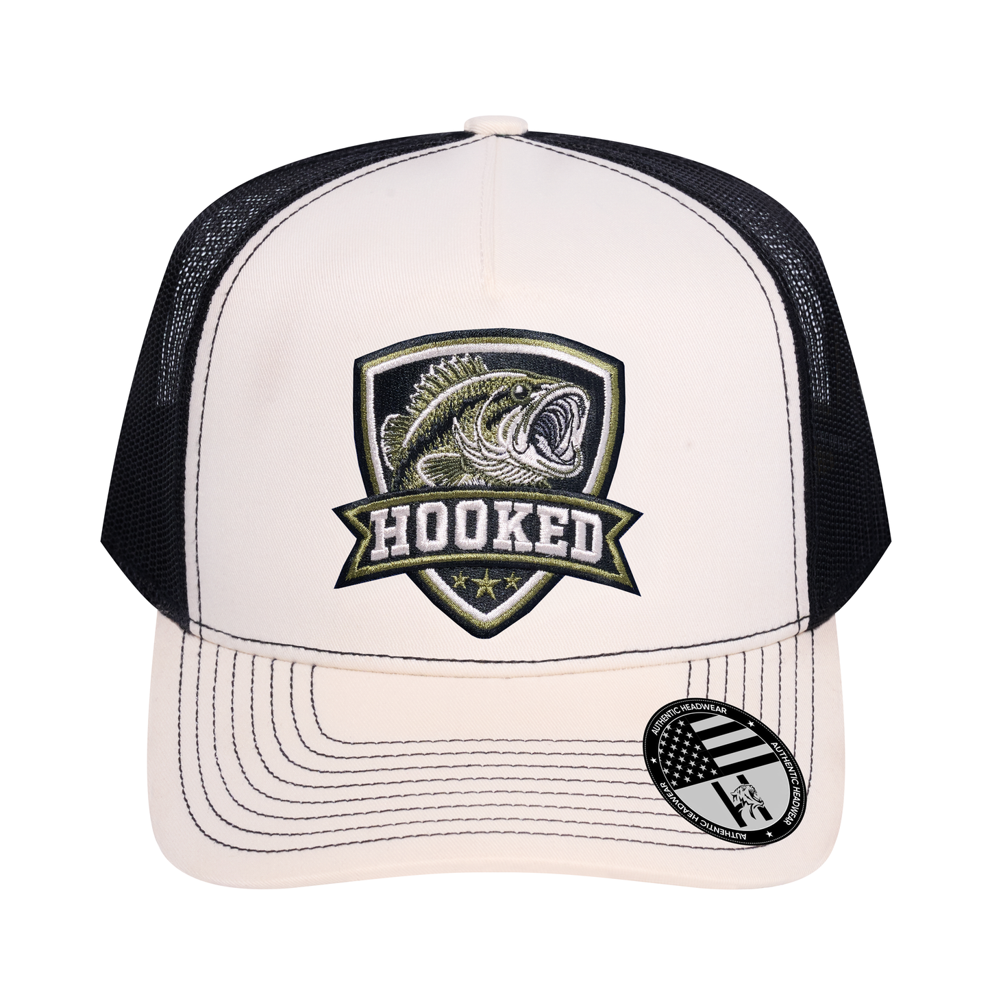 The Hooked Fishing 5-Panel Trucker Hat - Ivory White front and Black mesh back - front view