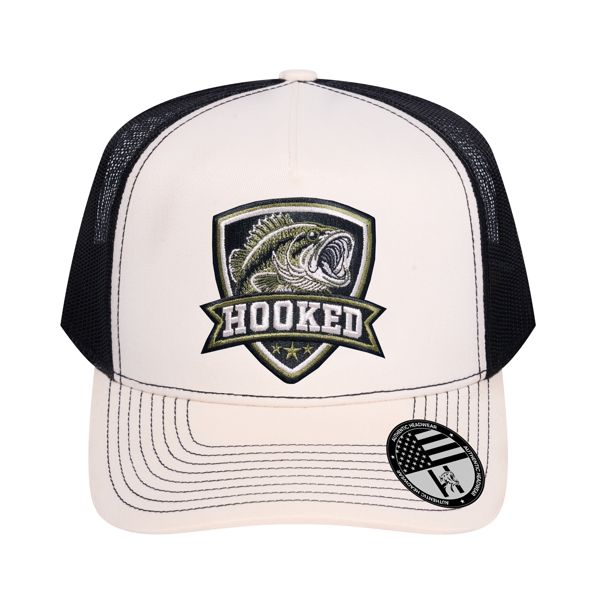 The Hooked Fishing 5-Panel Trucker Hat - Ivory White front and Black mesh back - front view