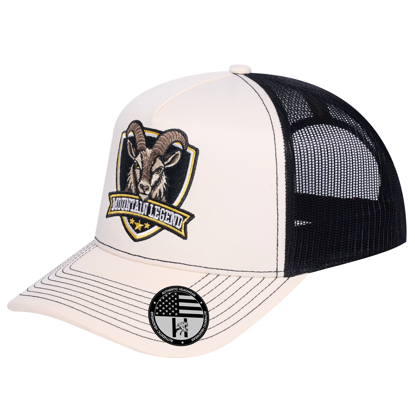 The Mountain Legend Goat 5-Panel Trucker Hat - Ivory White front and Black mesh back - angled view