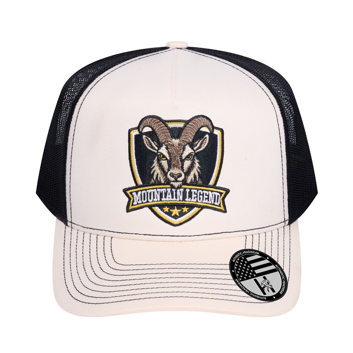The Mountain Legend Goat 5-Panel Trucker Hat - Ivory White front and Black mesh back - front view