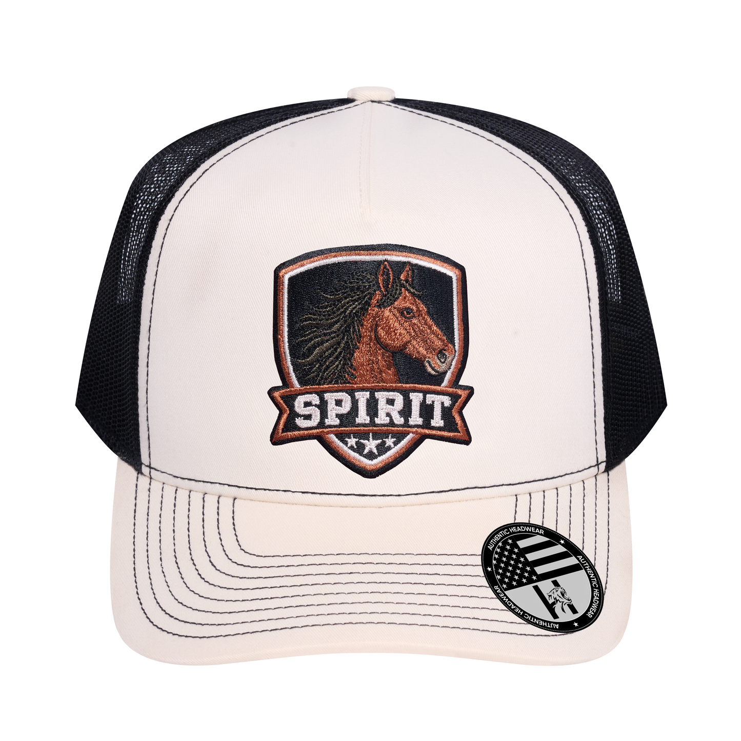 The Spirit 5-Panel Trucker Hat - Ivory White front and Black mesh back - front view
