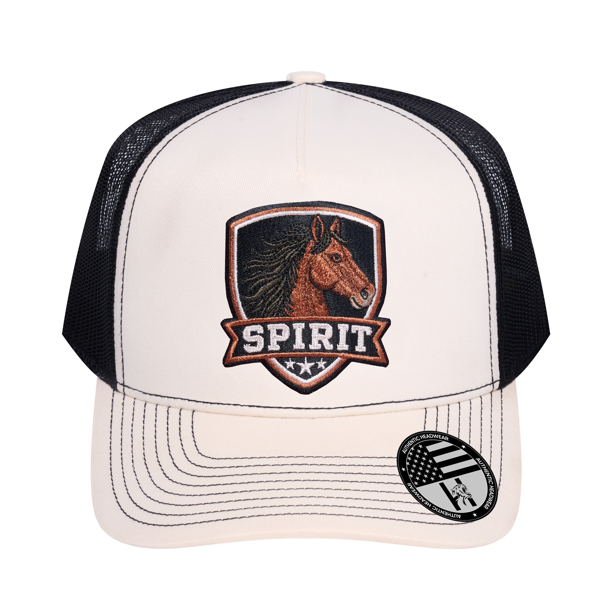 The Spirit 5-Panel Trucker Hat - Ivory White front and Black mesh back - front view