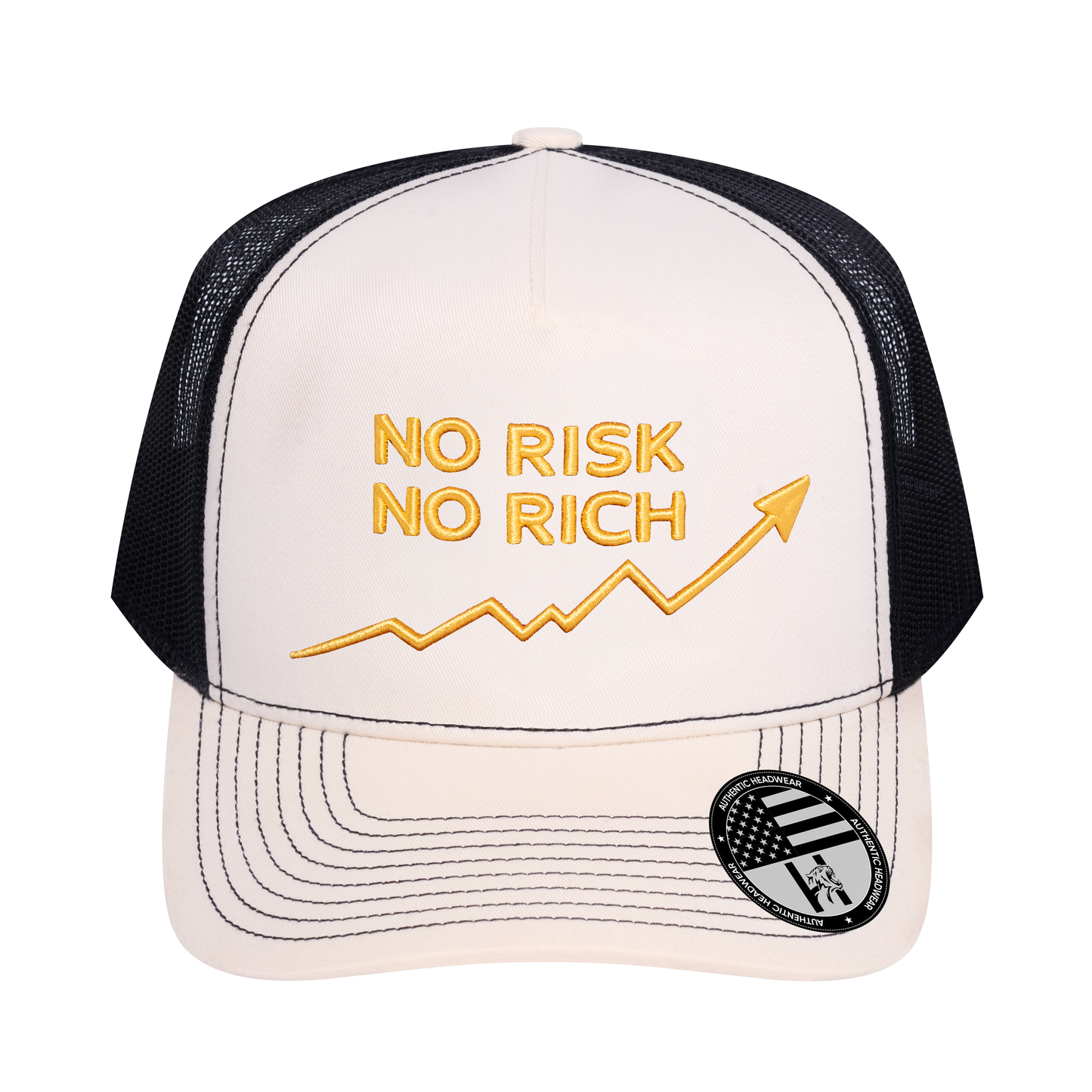 No Risk No Rich 5-Panel Trucker Hat - Ivory White front and Black mesh back - front view