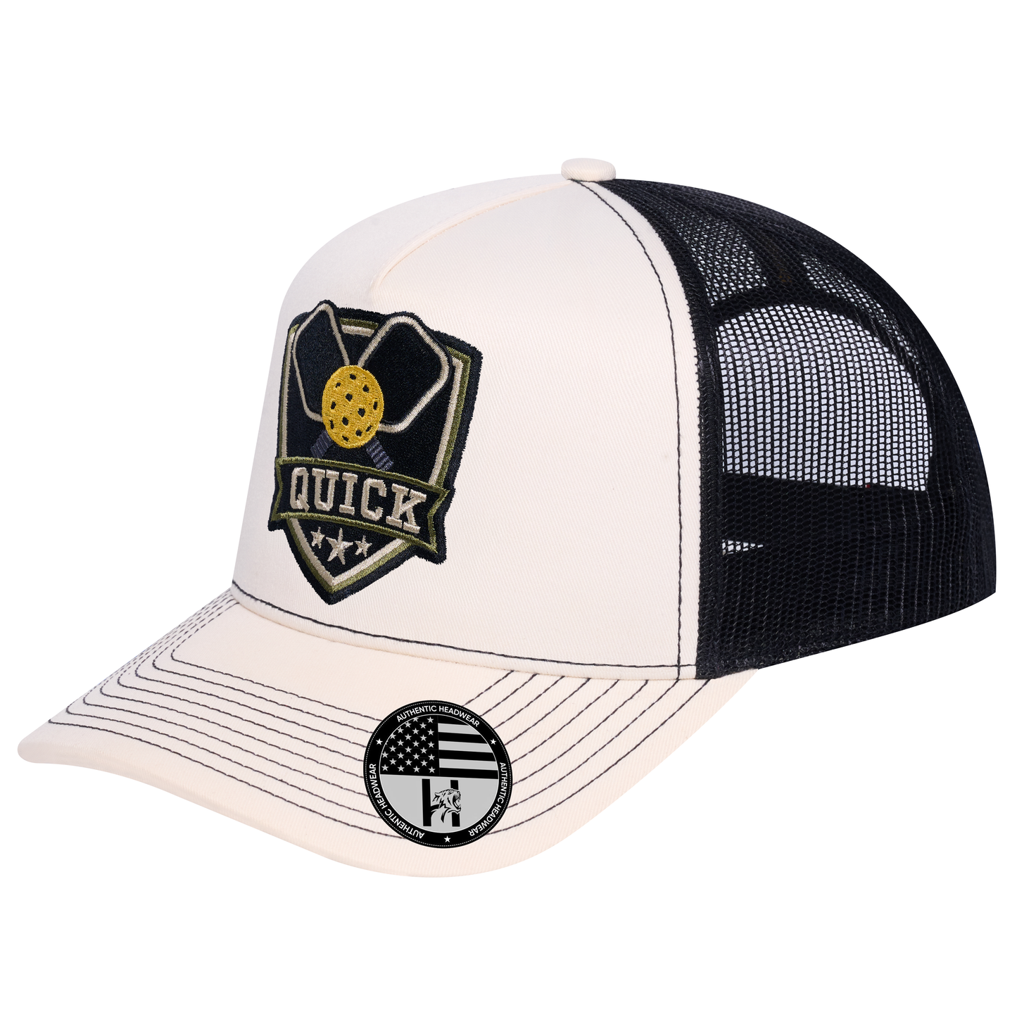 The Quick Pickleball 5-Panel Trucker Hat - Ivory White front and Black mesh back - angled view