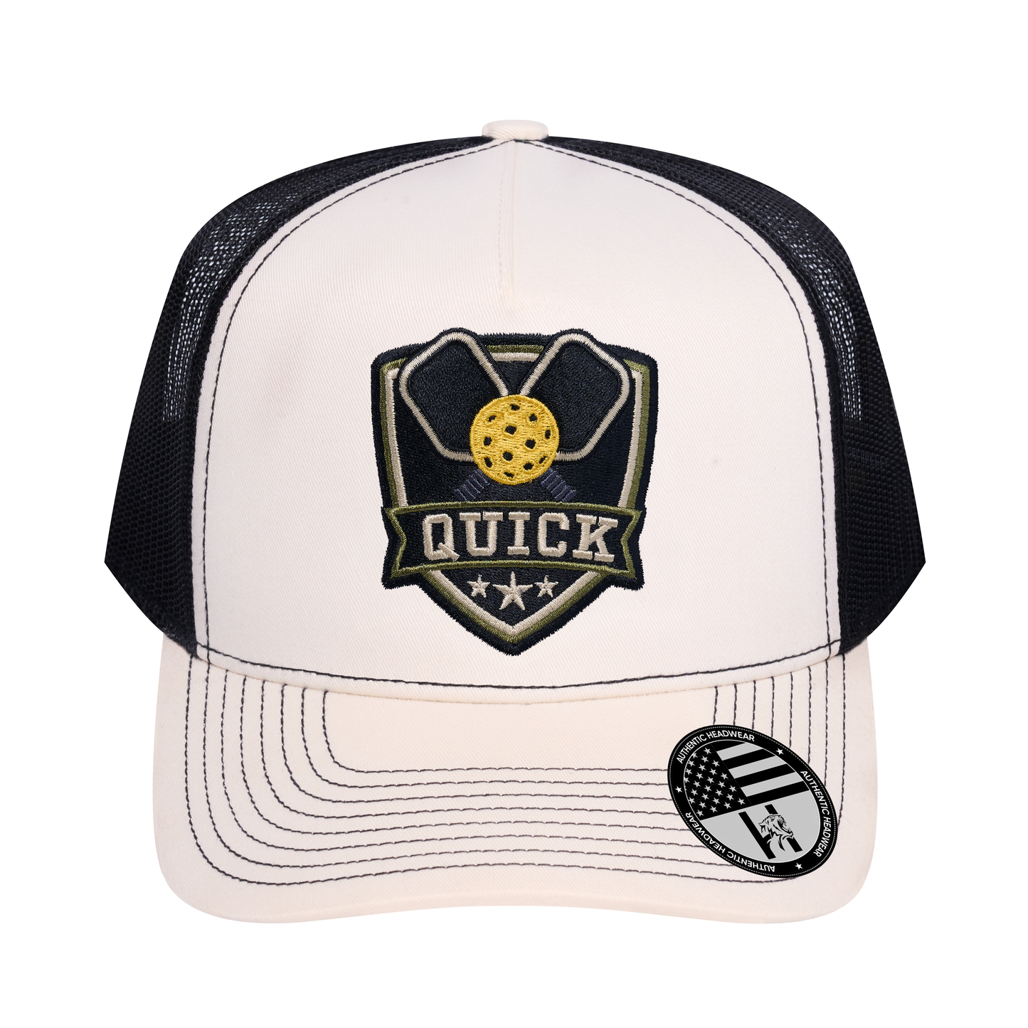 The Quick Pickleball 5-Panel Trucker Hat - Ivory White front and Black mesh back - front view