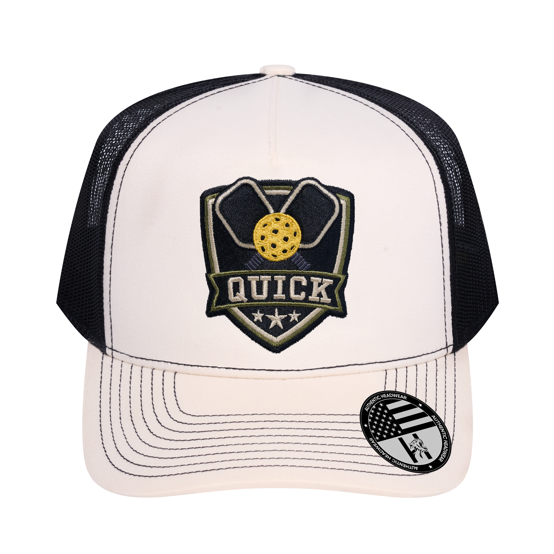 The Quick Pickleball 5-Panel Trucker Hat - Ivory White front and Black mesh back - front view