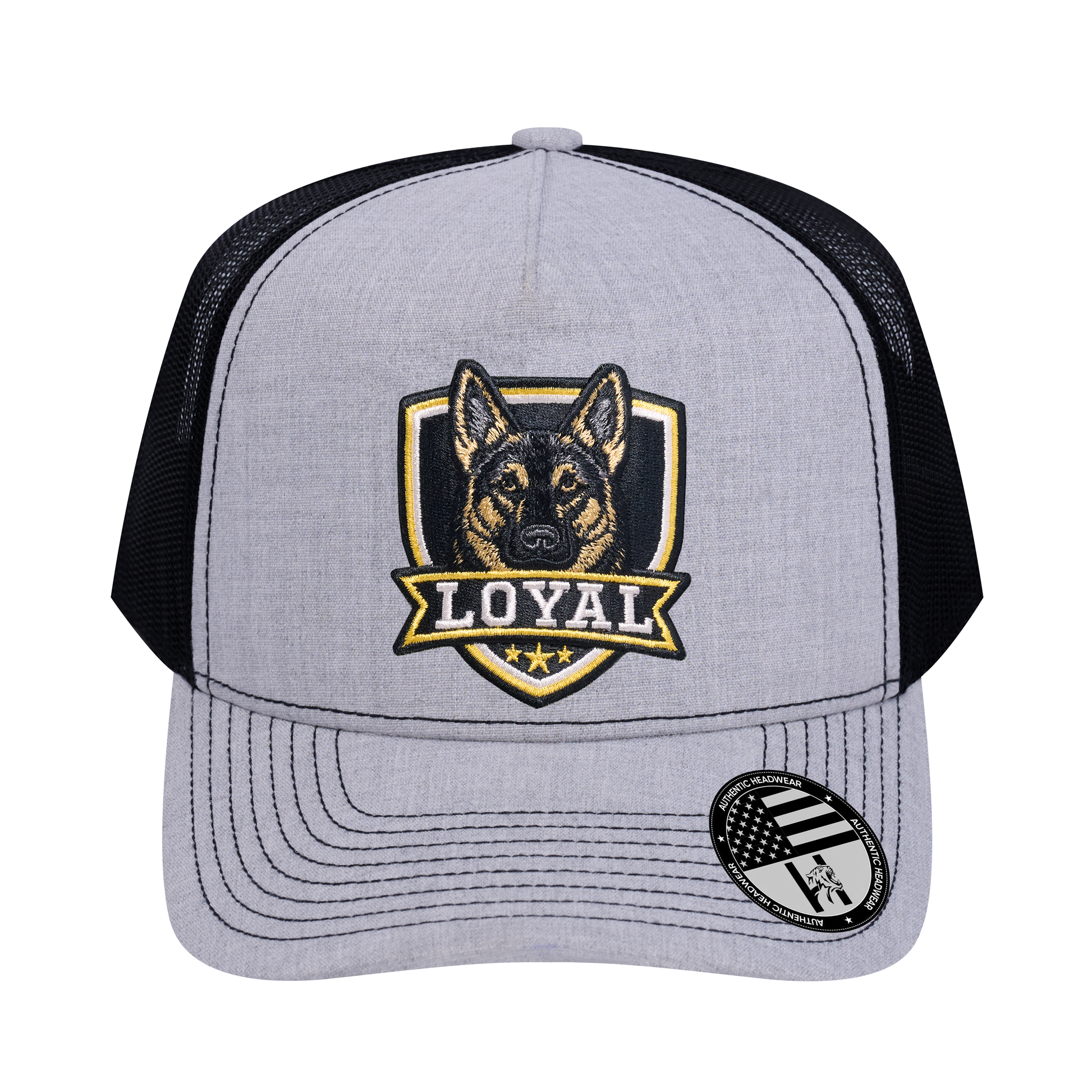 The Loyal 5-Panel Trucker Hat - Light Grey Heather front and Black mesh back - front view