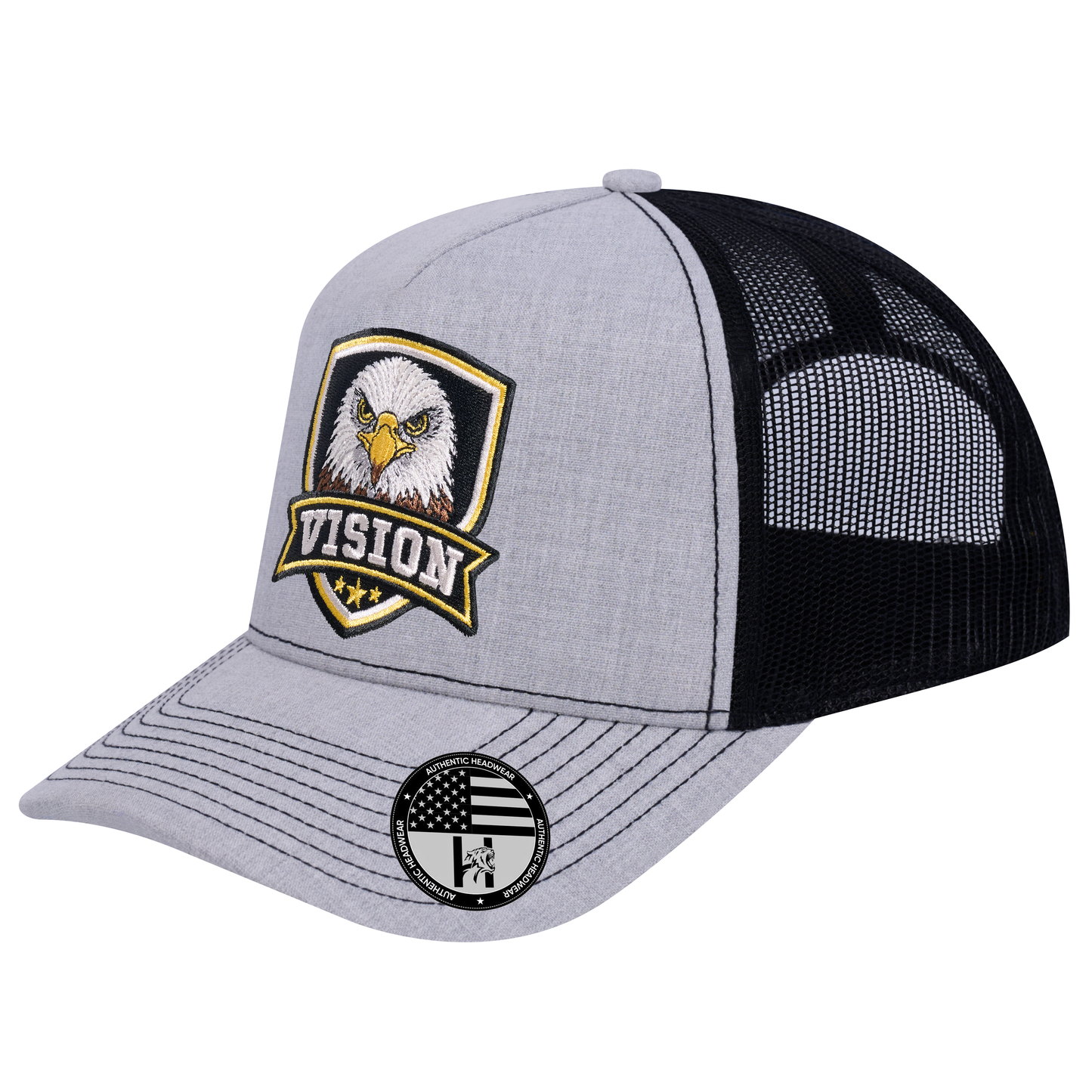 The Vision 5-Panel Trucker Hat - Light Grey Heather front and Black mesh back - angled view