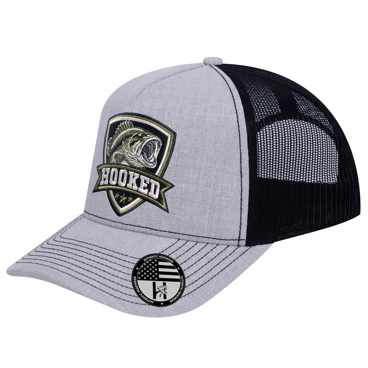 The Hooked Fishing 5-Panel Trucker Hat - Light Grey Heather front and Black mesh back - angled view