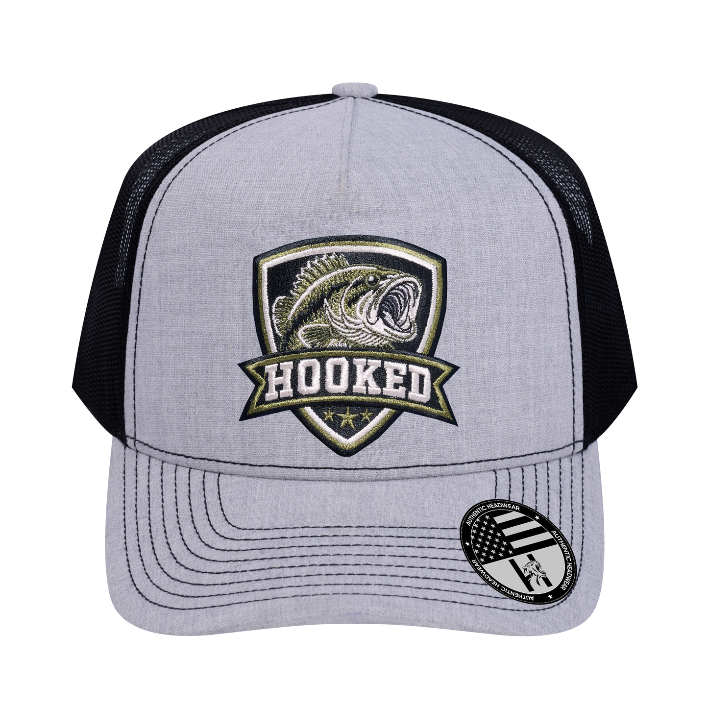 The Hooked Fishing 5-Panel Trucker Hat - Light Grey Heather front and Black mesh back - front view