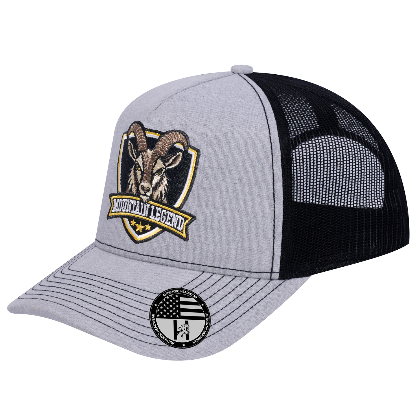 The Mountain Legend Goat 5-Panel Trucker Hat - Light Grey Heather front and Black mesh back - angled view