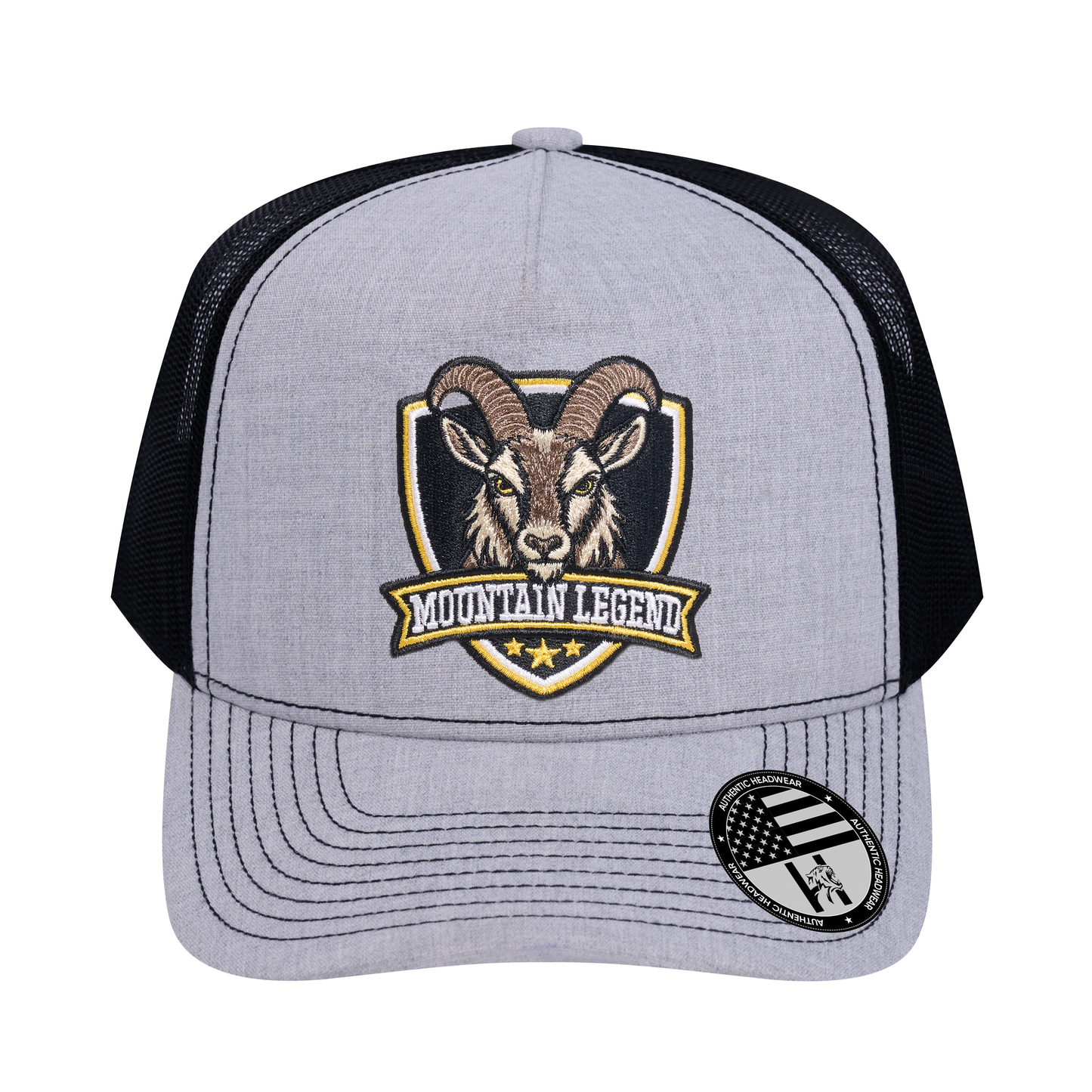 The Mountain Legend Goat 5-Panel Trucker Hat - Light Grey Heather front and Black mesh back - front view