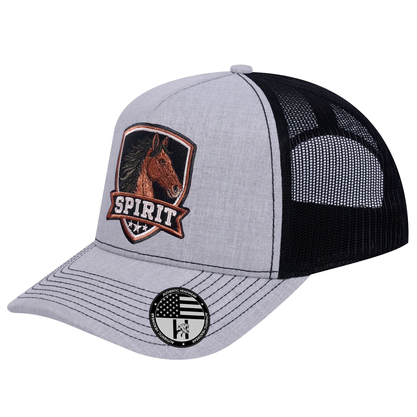The Spirit 5-Panel Trucker Hat - Light Grey Heather front and Black mesh back - angled view