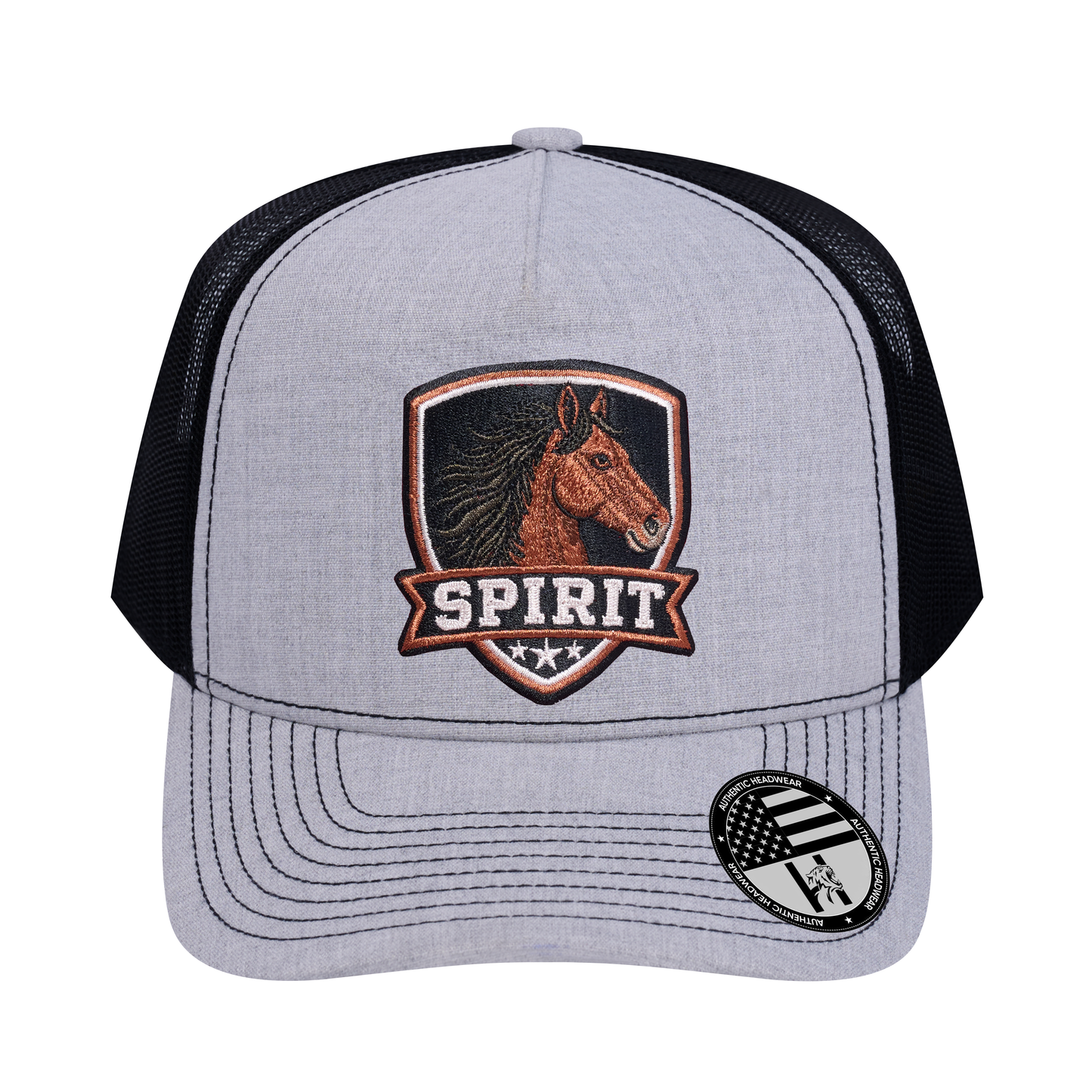 The Spirit 5-Panel Trucker Hat - Light Grey Heather front and Black mesh back - front view