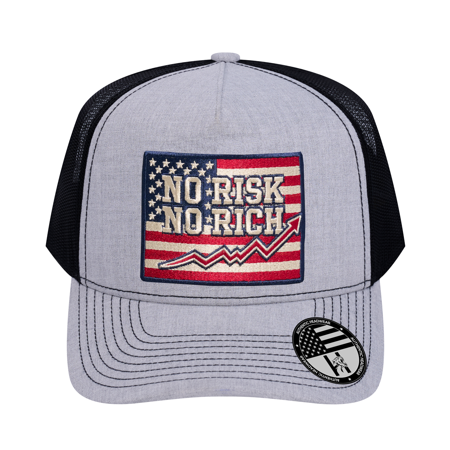 No Risk No Rich US Flag 5-Panel Trucker Hat - Light Grey Heather front and Black mesh back - front view