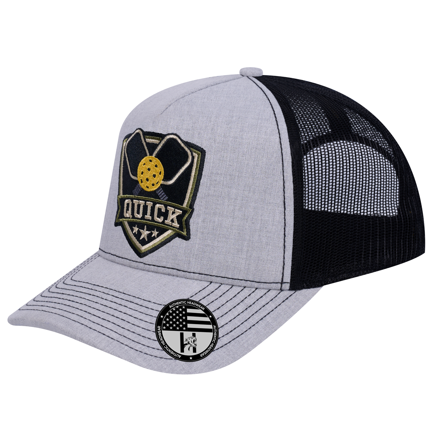 The Quick Pickleball 5-Panel Trucker Hat - Light Grey Heather front and Black mesh back - angled view