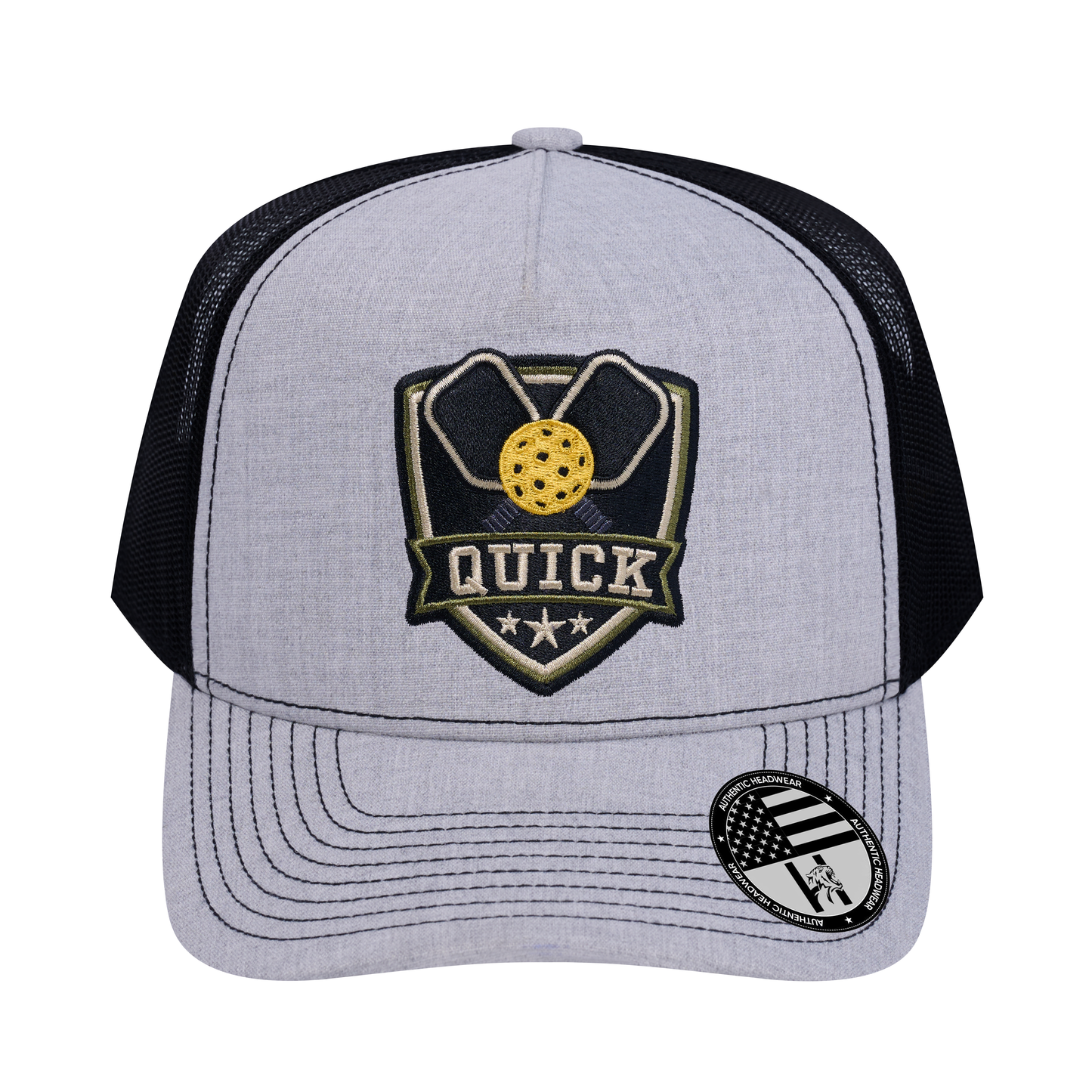 The Quick Pickleball 5-Panel Trucker Hat - Light Grey Heather front and Black mesh back - front view