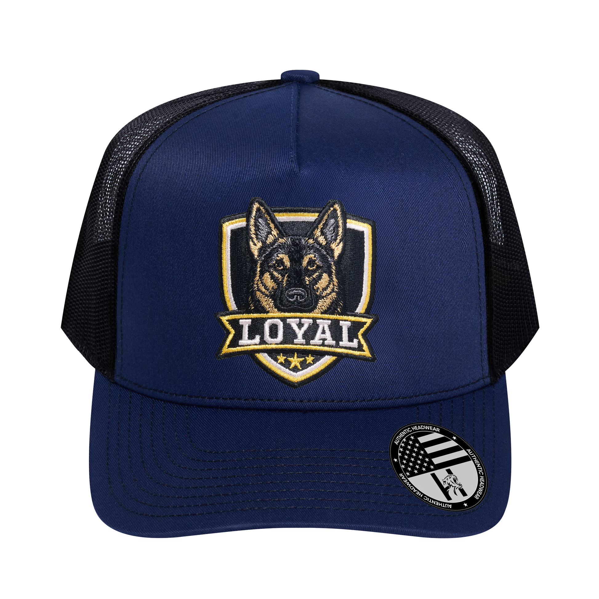 The Loyal 5-Panel Trucker Hat - Navy front and Black mesh back - front view