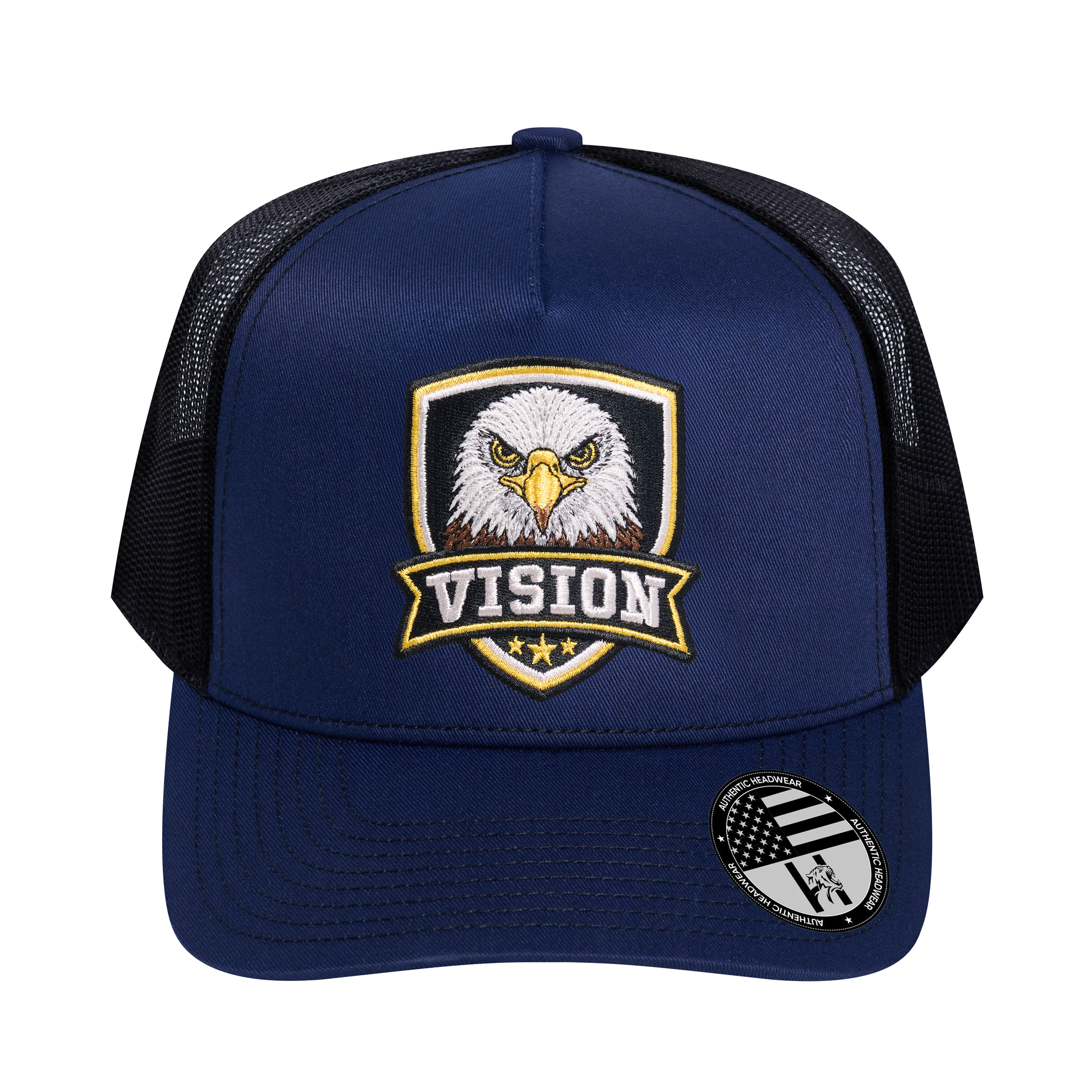 The Vision 5-Panel Trucker Hat - Navy front and Black mesh back - front view