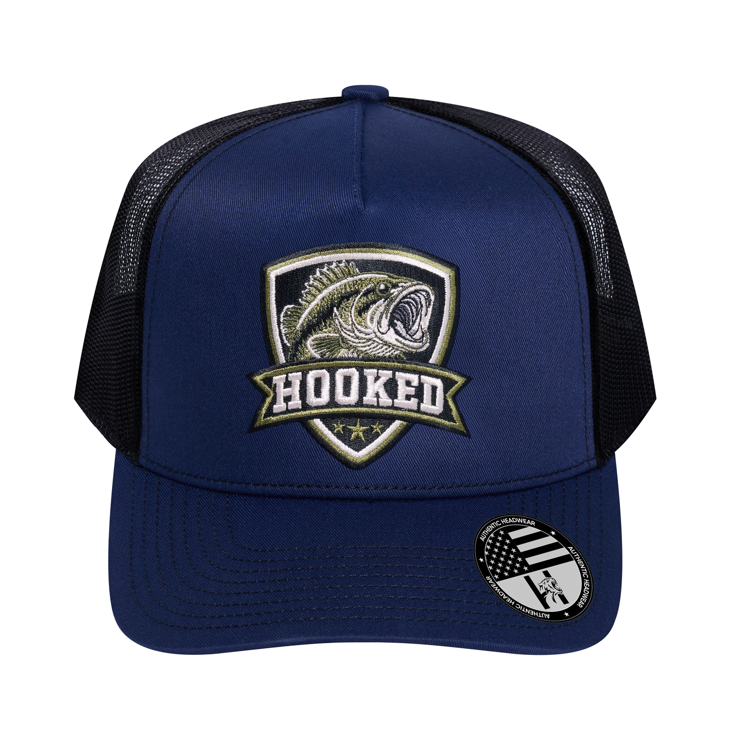 The Hooked Fishing 5-Panel Trucker Hat - Navy front and Black mesh back - front view
