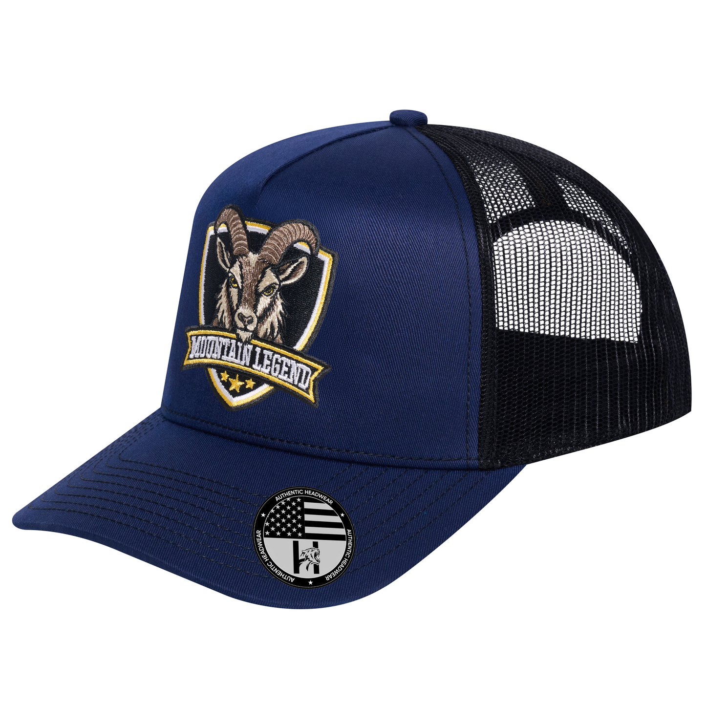 The Mountain Legend Goat 5-Panel Trucker Hat - Navy front and Black mesh back - angled view