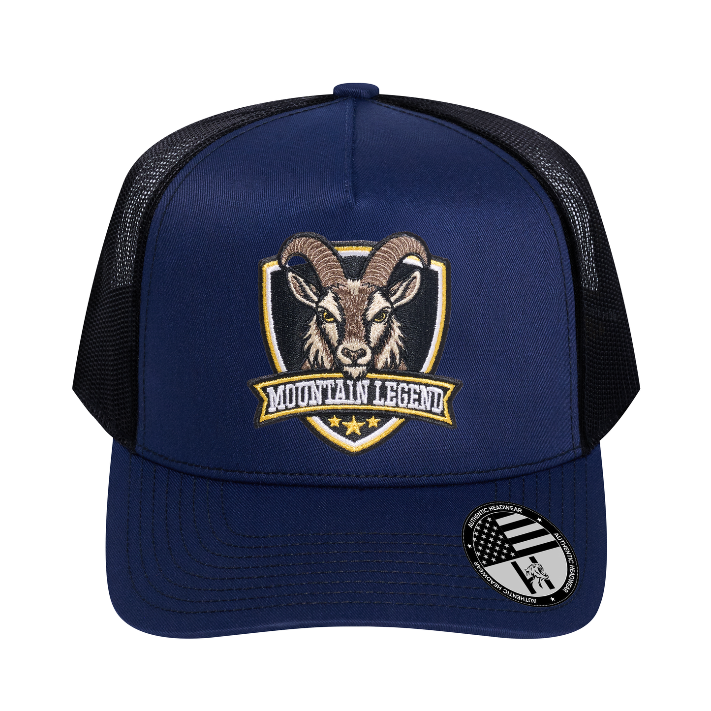 The Mountain Legend Goat 5-Panel Trucker Hat - Navy front and Black mesh back - front view