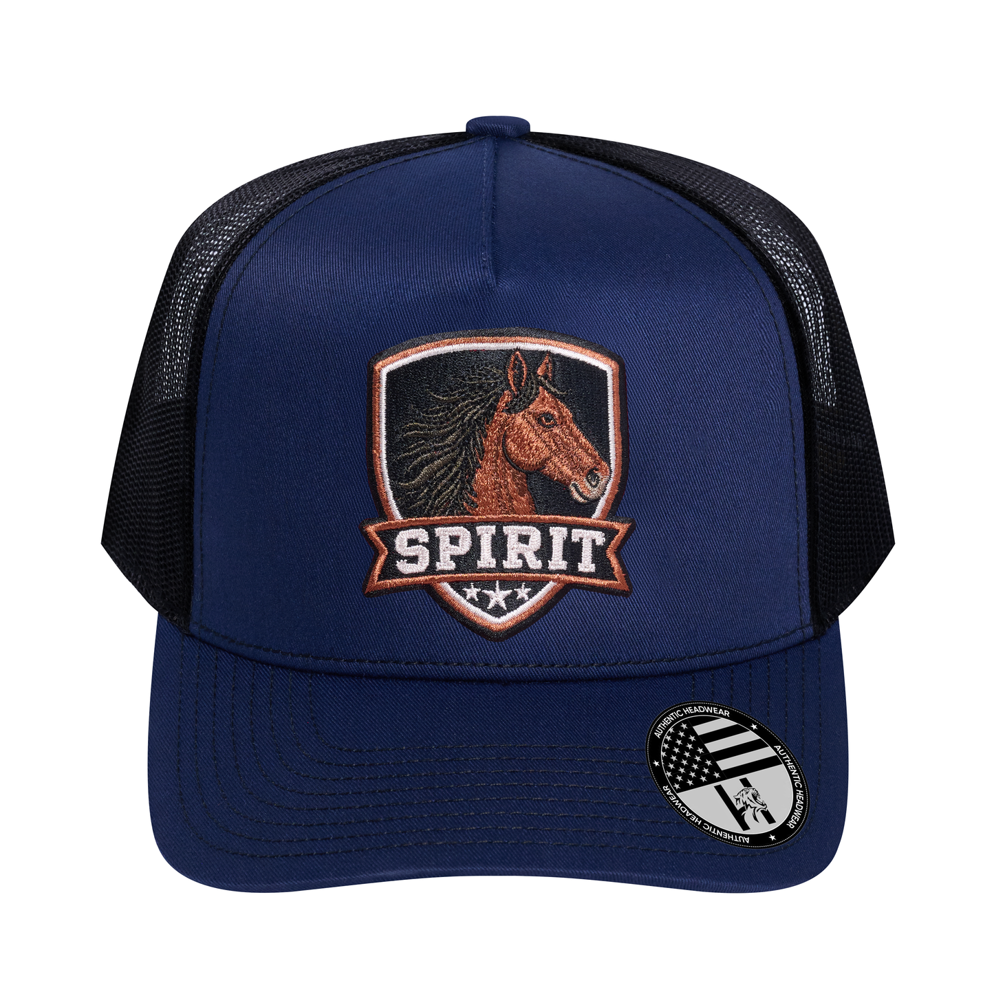The Spirit 5-Panel Trucker Hat - Navy front and Black mesh back - front view