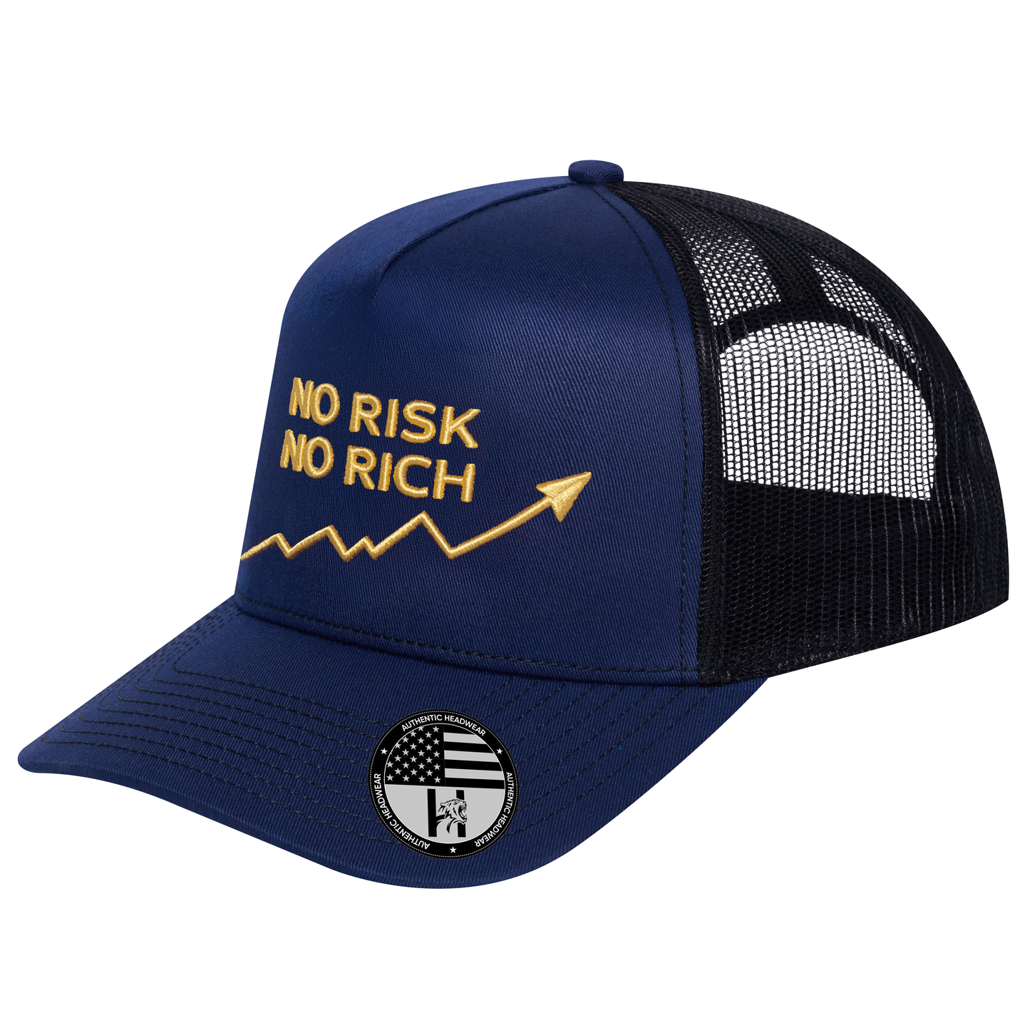 No Risk No Rich 5-Panel Trucker Hat - Navy front and Black mesh back - angled view