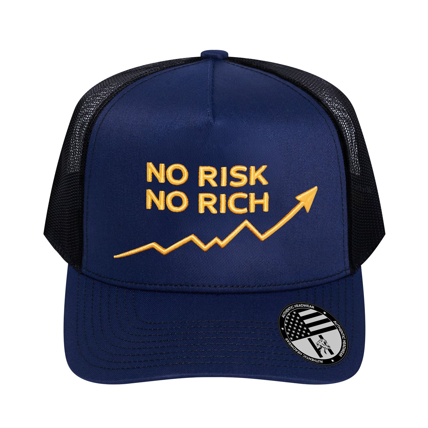 No Risk No Rich 5-Panel Trucker Hat - Navy front and Black mesh back - front view