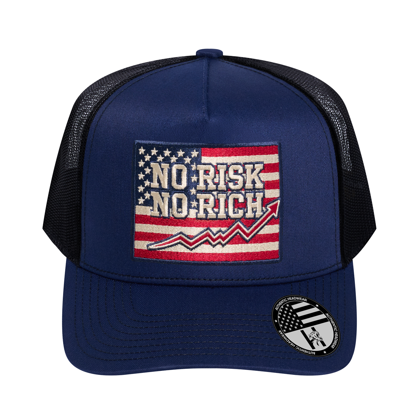 No Risk No Rich US Flag 5-Panel Trucker Hat - Navy front and Black mesh back - front view