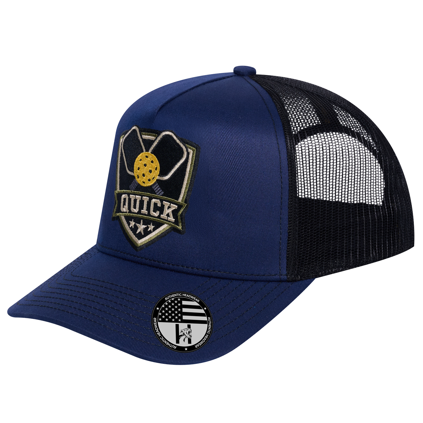 The Quick Pickleball 5-Panel Trucker Hat - Navy front and Black mesh back - angled view