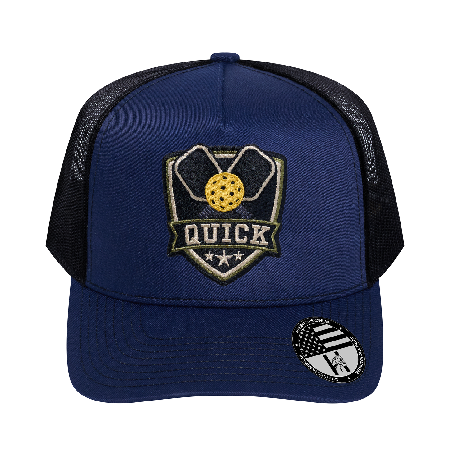 The Quick Pickleball 5-Panel Trucker Hat - Navy front and Black mesh back - front view
