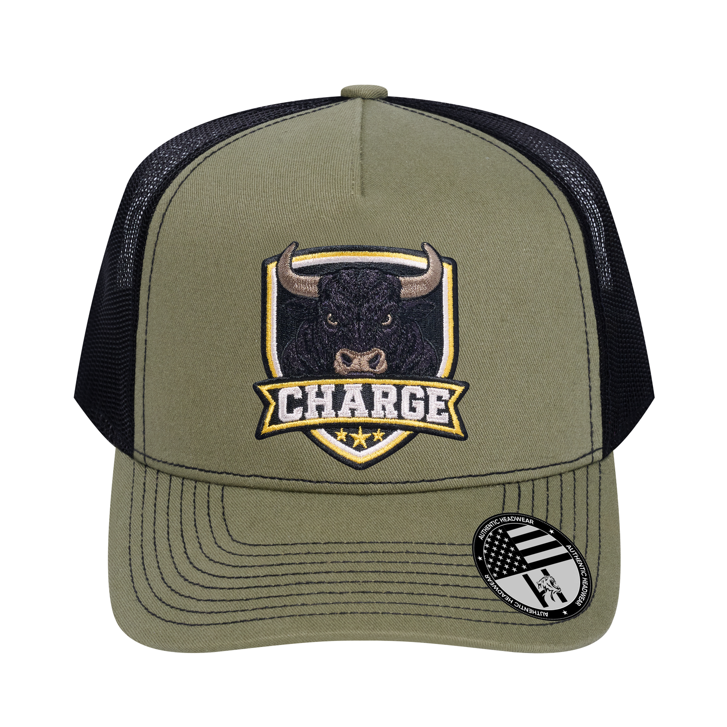 The Charge 5-Panel Trucker Hat - Olive front and Black mesh back - front view